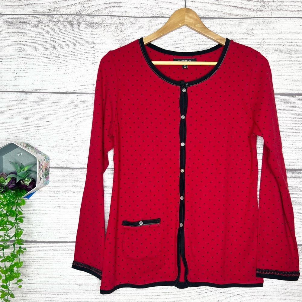 Ellen Tracy Red Polka Dot Black Trim Button Down Cardigan Sweater Top Size Small